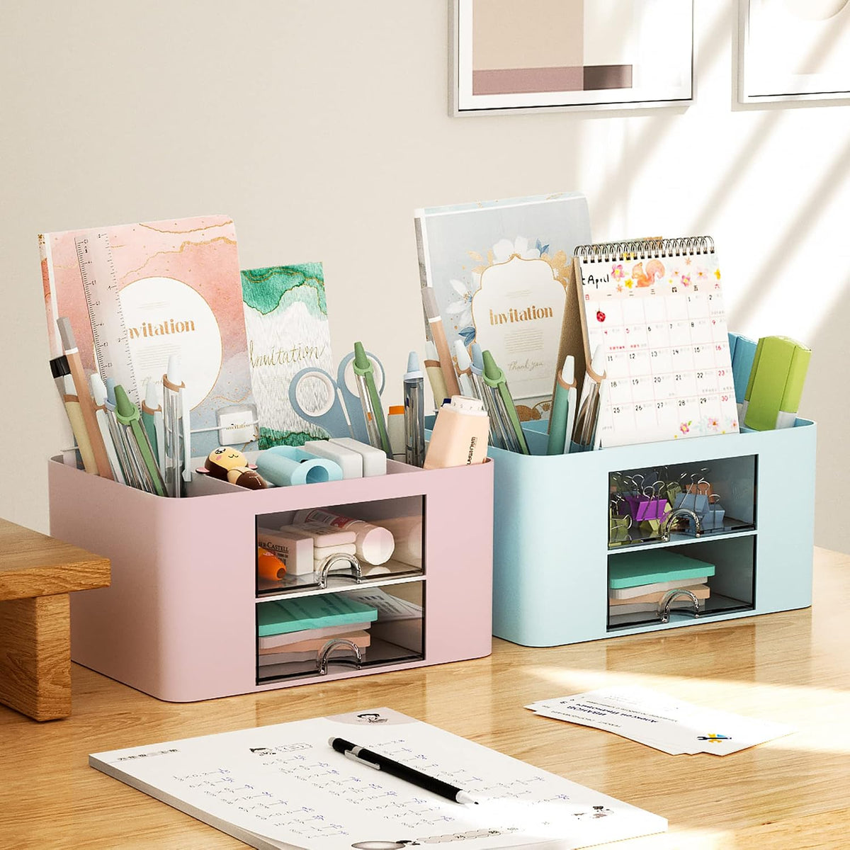 Pen Organizer with 2 Drawer, Multi-Functional Pencil Holder for Desk, Desk Organizers and Accessories with 5 Compartments + Drawer for Office Art Supplies (White)
