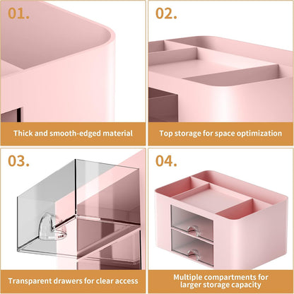 Pen Organizer with 2 Drawer, Multi-Functional Pencil Holder for Desk, Desk Organizers and Accessories with 5 Compartments + Drawer for Office Art Supplies (White)