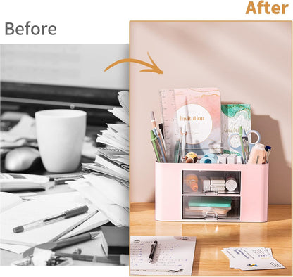 Pen Organizer with 2 Drawer, Multi-Functional Pencil Holder for Desk, Desk Organizers and Accessories with 5 Compartments + Drawer for Office Art Supplies (White)