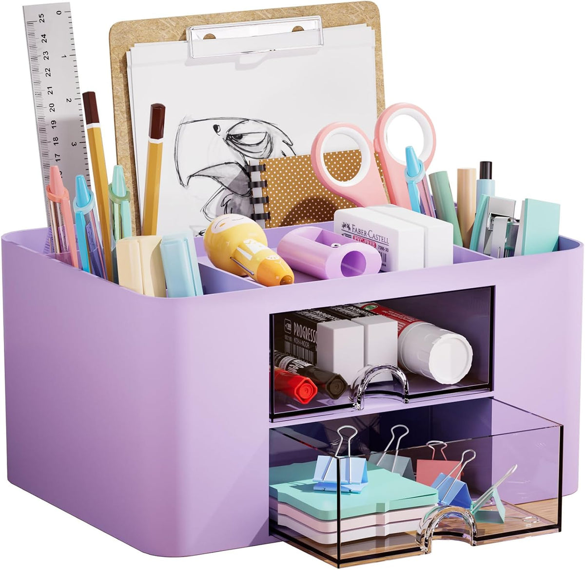 Pen Organizer with 2 Drawer, Multi-Functional Pencil Holder for Desk, Desk Organizers and Accessories with 5 Compartments + Drawer for Office Art Supplies (White)
