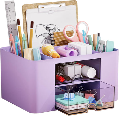 Pen Organizer with 2 Drawer, Multi-Functional Pencil Holder for Desk, Desk Organizers and Accessories with 5 Compartments + Drawer for Office Art Supplies (White)