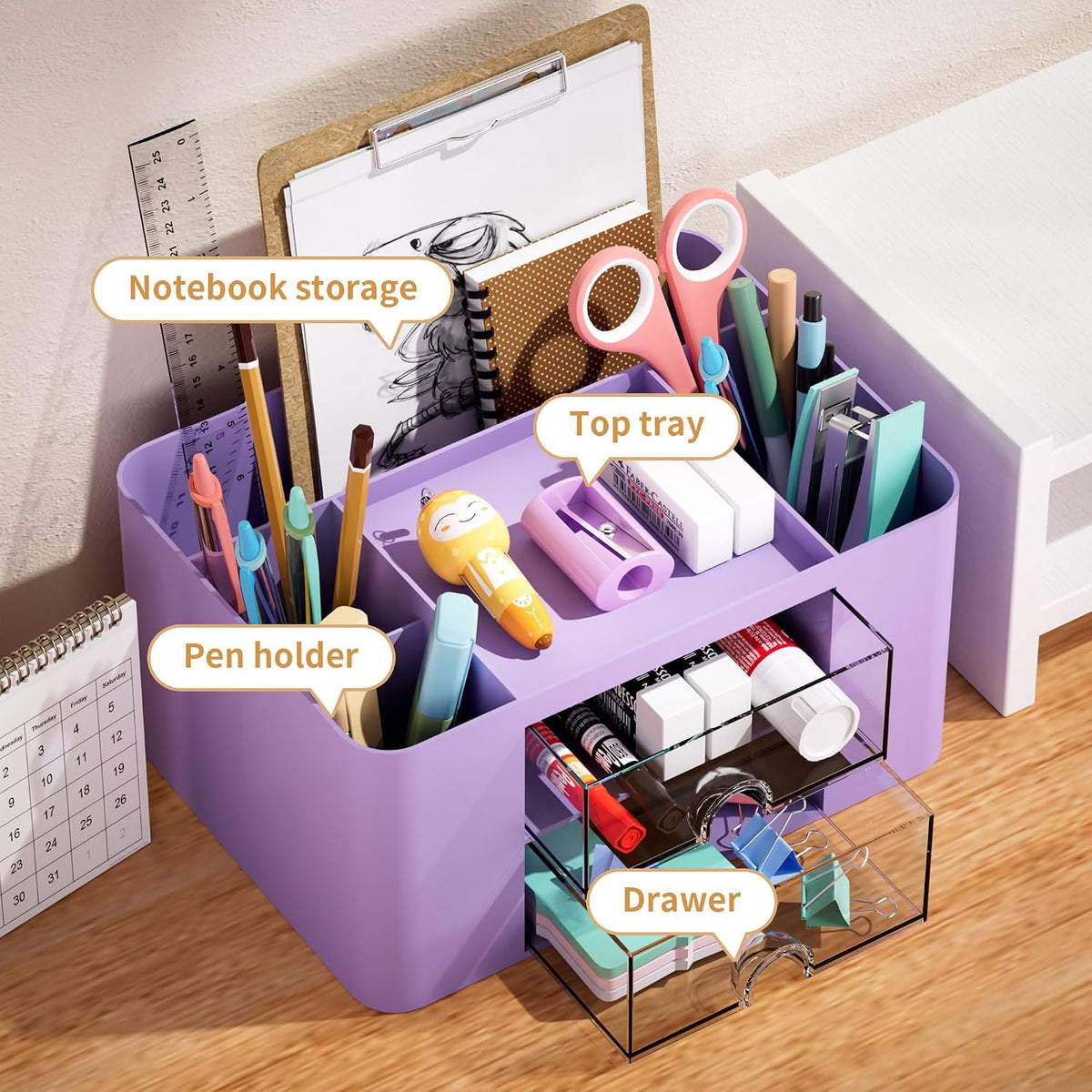 Pen Organizer with 2 Drawer, Multi-Functional Pencil Holder for Desk, Desk Organizers and Accessories with 5 Compartments + Drawer for Office Art Supplies (White)