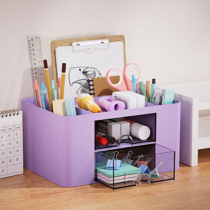 Pen Organizer with 2 Drawer, Multi-Functional Pencil Holder for Desk, Desk Organizers and Accessories with 5 Compartments + Drawer for Office Art Supplies (White)