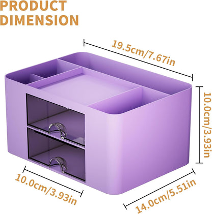 Pen Organizer with 2 Drawer, Multi-Functional Pencil Holder for Desk, Desk Organizers and Accessories with 5 Compartments + Drawer for Office Art Supplies (White)