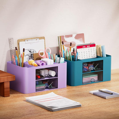 Pen Organizer with 2 Drawer, Multi-Functional Pencil Holder for Desk, Desk Organizers and Accessories with 5 Compartments + Drawer for Office Art Supplies (White)