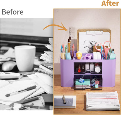 Pen Organizer with 2 Drawer, Multi-Functional Pencil Holder for Desk, Desk Organizers and Accessories with 5 Compartments + Drawer for Office Art Supplies (White)