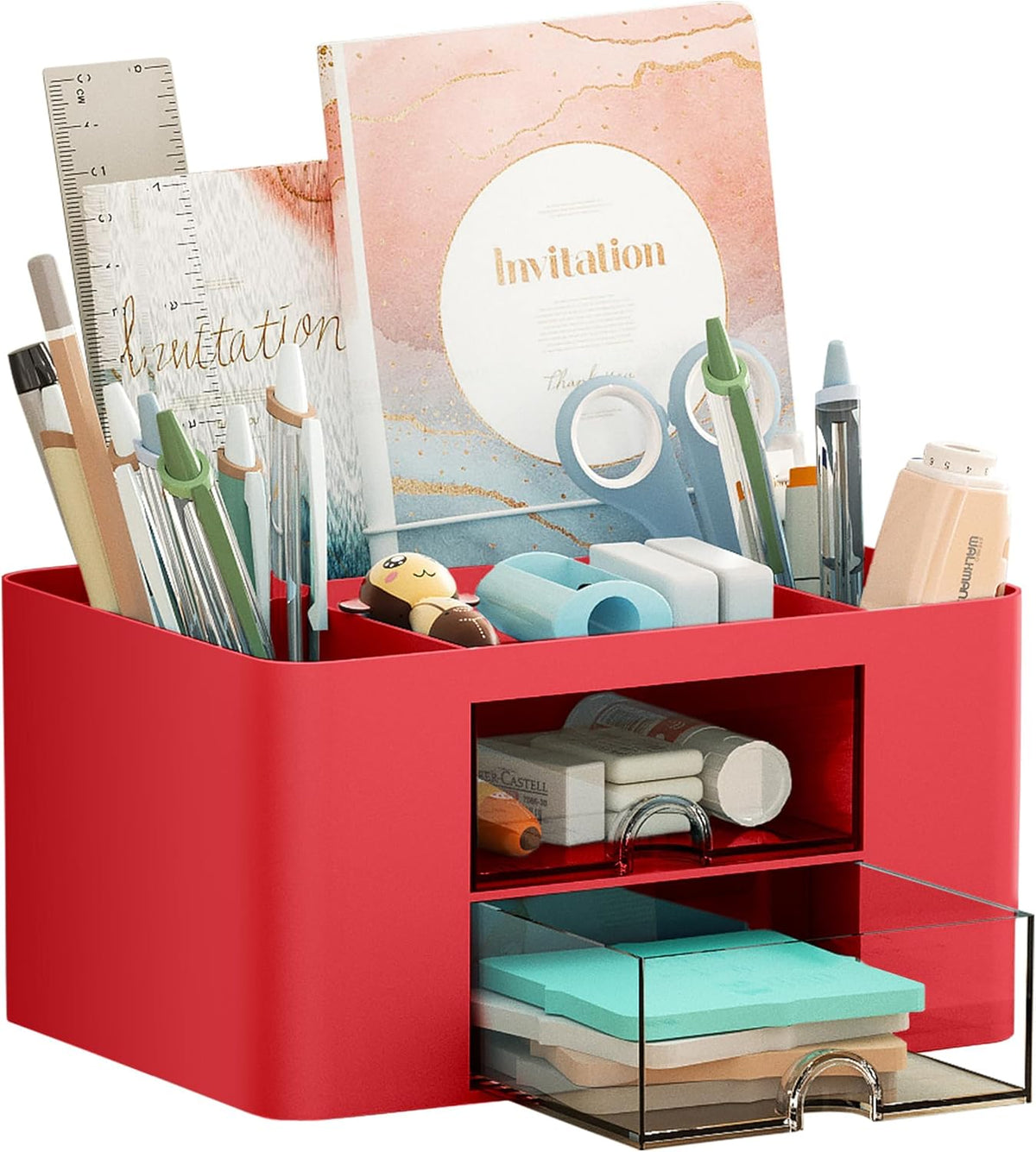 Pen Organizer with 2 Drawer, Multi-Functional Pencil Holder for Desk, Desk Organizers and Accessories with 5 Compartments + Drawer for Office Art Supplies (White)