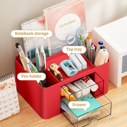 Pen Organizer with 2 Drawer, Multi-Functional Pencil Holder for Desk, Desk Organizers and Accessories with 5 Compartments + Drawer for Office Art Supplies (White)