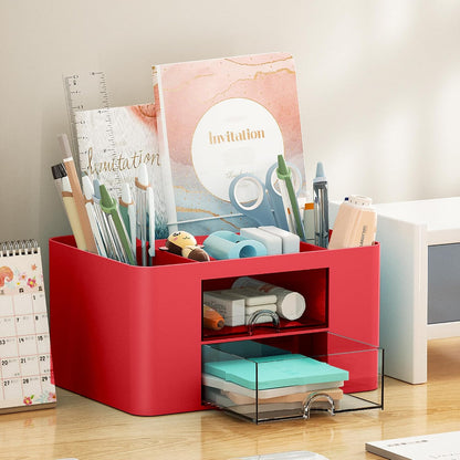 Pen Organizer with 2 Drawer, Multi-Functional Pencil Holder for Desk, Desk Organizers and Accessories with 5 Compartments + Drawer for Office Art Supplies (White)