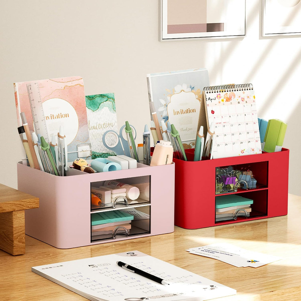 Pen Organizer with 2 Drawer, Multi-Functional Pencil Holder for Desk, Desk Organizers and Accessories with 5 Compartments + Drawer for Office Art Supplies (White)
