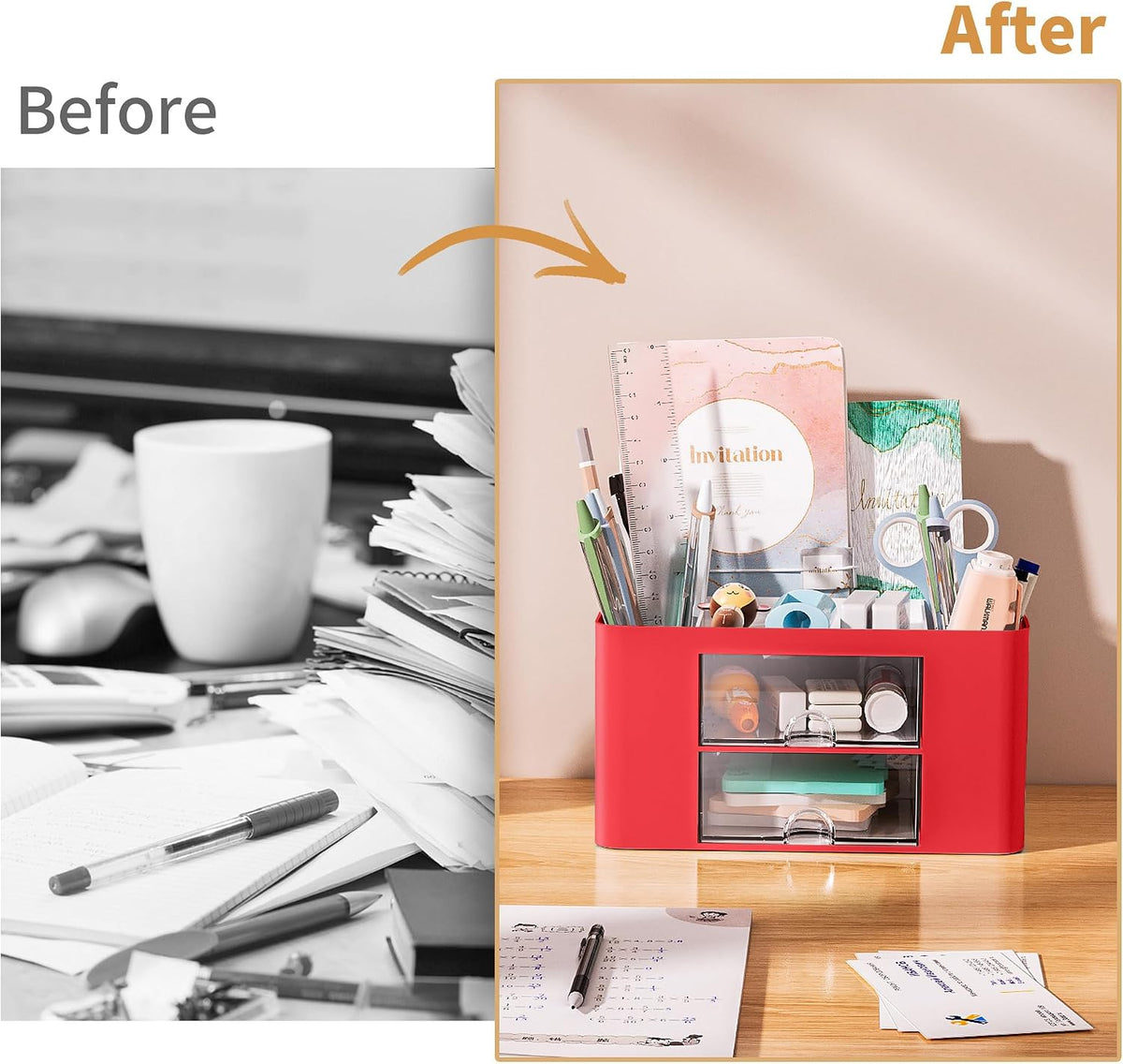 Pen Organizer with 2 Drawer, Multi-Functional Pencil Holder for Desk, Desk Organizers and Accessories with 5 Compartments + Drawer for Office Art Supplies (White)
