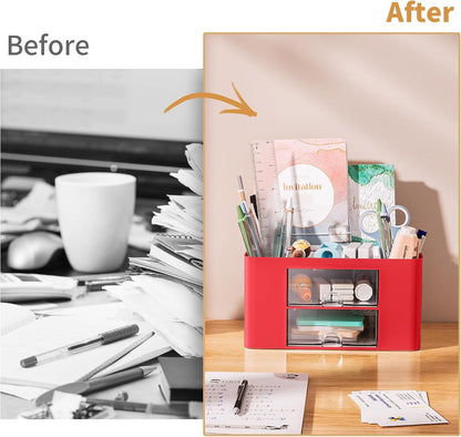 Pen Organizer with 2 Drawer, Multi-Functional Pencil Holder for Desk, Desk Organizers and Accessories with 5 Compartments + Drawer for Office Art Supplies (White)