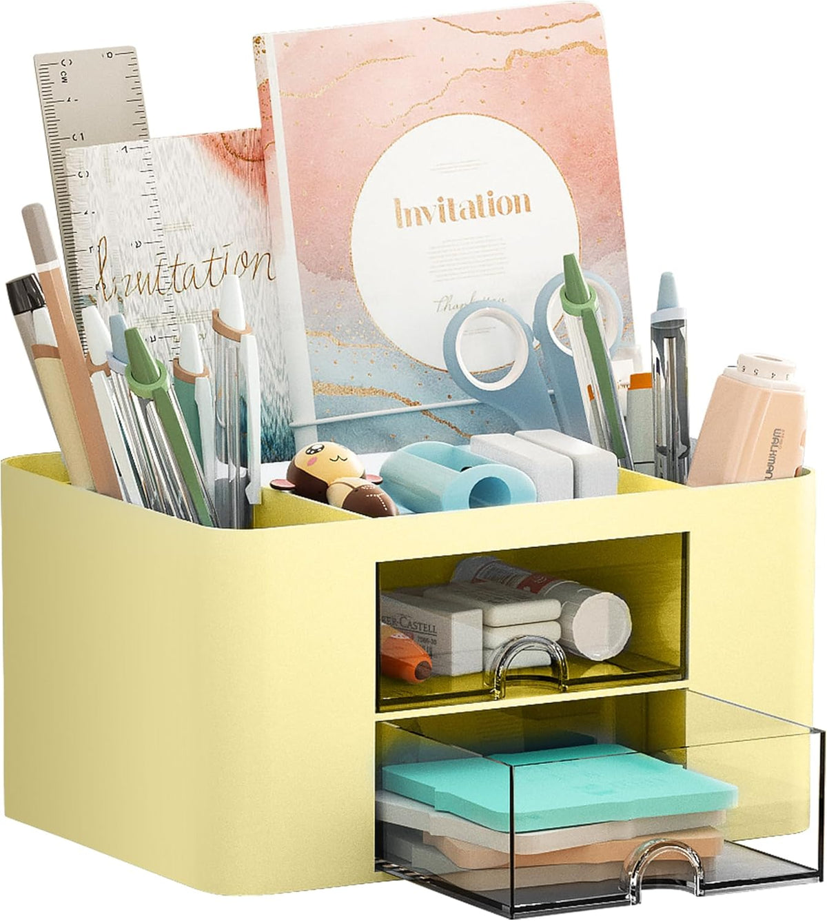 Pen Organizer with 2 Drawer, Multi-Functional Pencil Holder for Desk, Desk Organizers and Accessories with 5 Compartments + Drawer for Office Art Supplies (White)