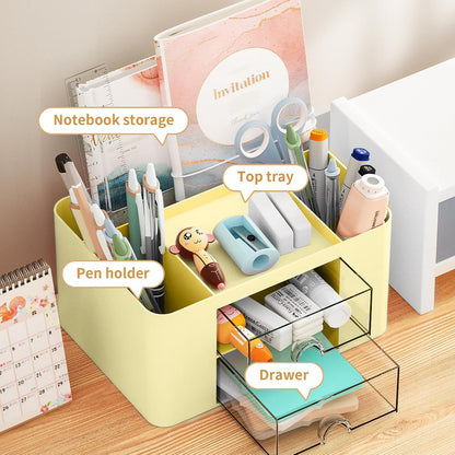 Pen Organizer with 2 Drawer, Multi-Functional Pencil Holder for Desk, Desk Organizers and Accessories with 5 Compartments + Drawer for Office Art Supplies (White)