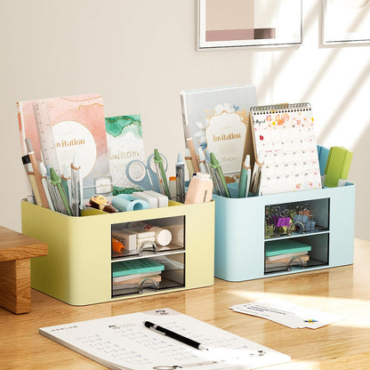Pen Organizer with 2 Drawer, Multi-Functional Pencil Holder for Desk, Desk Organizers and Accessories with 5 Compartments + Drawer for Office Art Supplies (White)