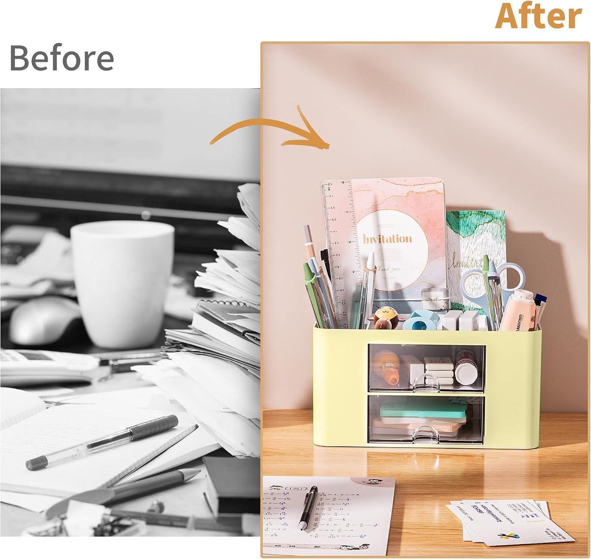 Pen Organizer with 2 Drawer, Multi-Functional Pencil Holder for Desk, Desk Organizers and Accessories with 5 Compartments + Drawer for Office Art Supplies (White)