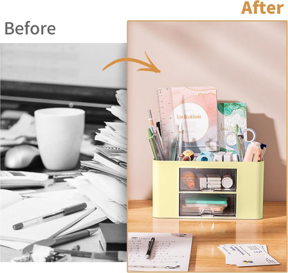 Pen Organizer with 2 Drawer, Multi-Functional Pencil Holder for Desk, Desk Organizers and Accessories with 5 Compartments + Drawer for Office Art Supplies (White)
