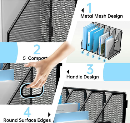 Desk File Organizer Folder Holder with 5 Vertical for Office Black