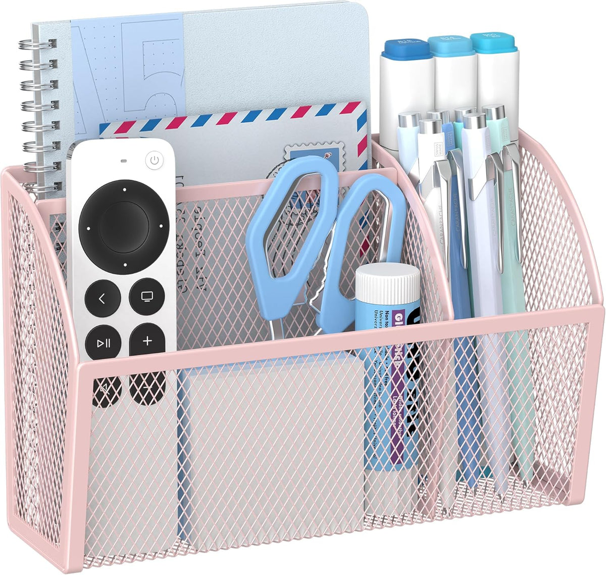 3 Compartment Magnetic Metal Mesh Pen Holder, Black Desk Caddy