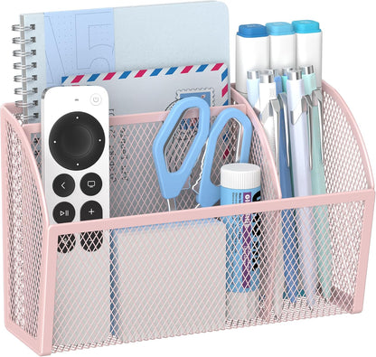 3 Compartment Magnetic Metal Mesh Pen Holder, Black Desk Caddy
