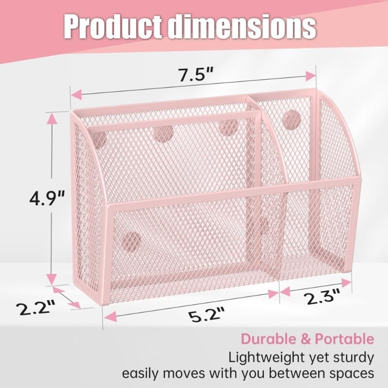 3 Compartment Magnetic Metal Mesh Pen Holder, Black Desk Caddy