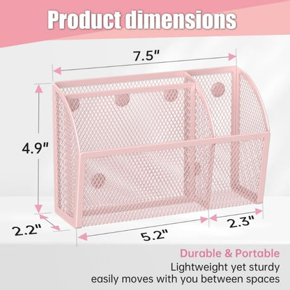 3 Compartment Magnetic Metal Mesh Pen Holder, Black Desk Caddy
