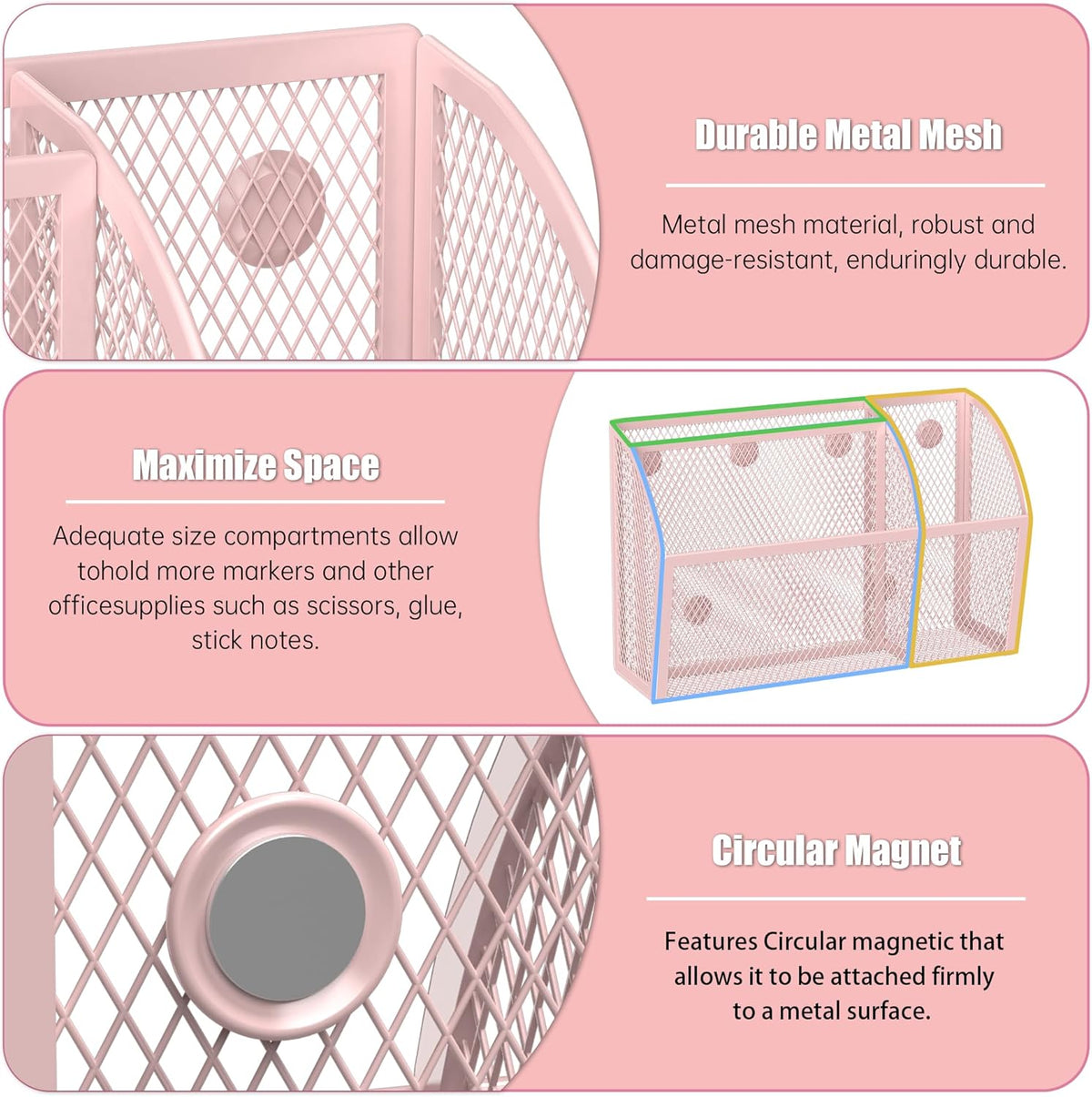 3 Compartment Magnetic Metal Mesh Pen Holder, Black Desk Caddy