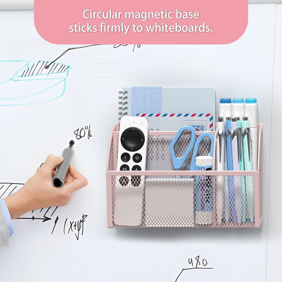 3 Compartment Magnetic Metal Mesh Pen Holder, Black Desk Caddy