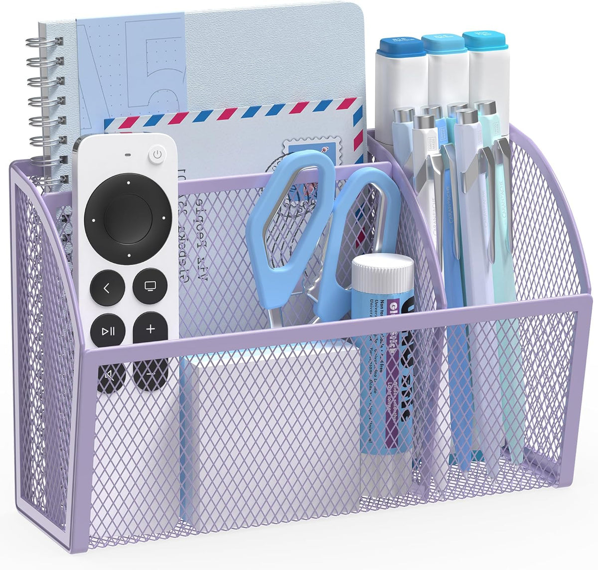 3 Compartment Magnetic Metal Mesh Pen Holder, Black Desk Caddy