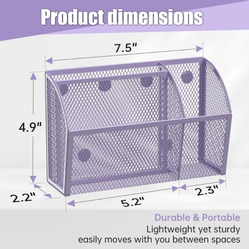 3 Compartment Magnetic Metal Mesh Pen Holder, Black Desk Caddy
