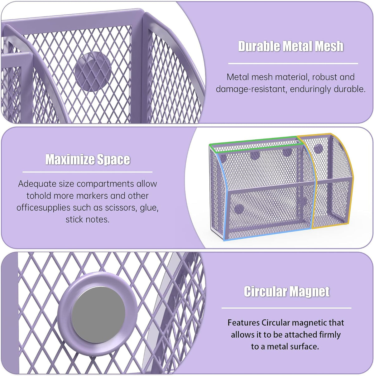 3 Compartment Magnetic Metal Mesh Pen Holder, Black Desk Caddy