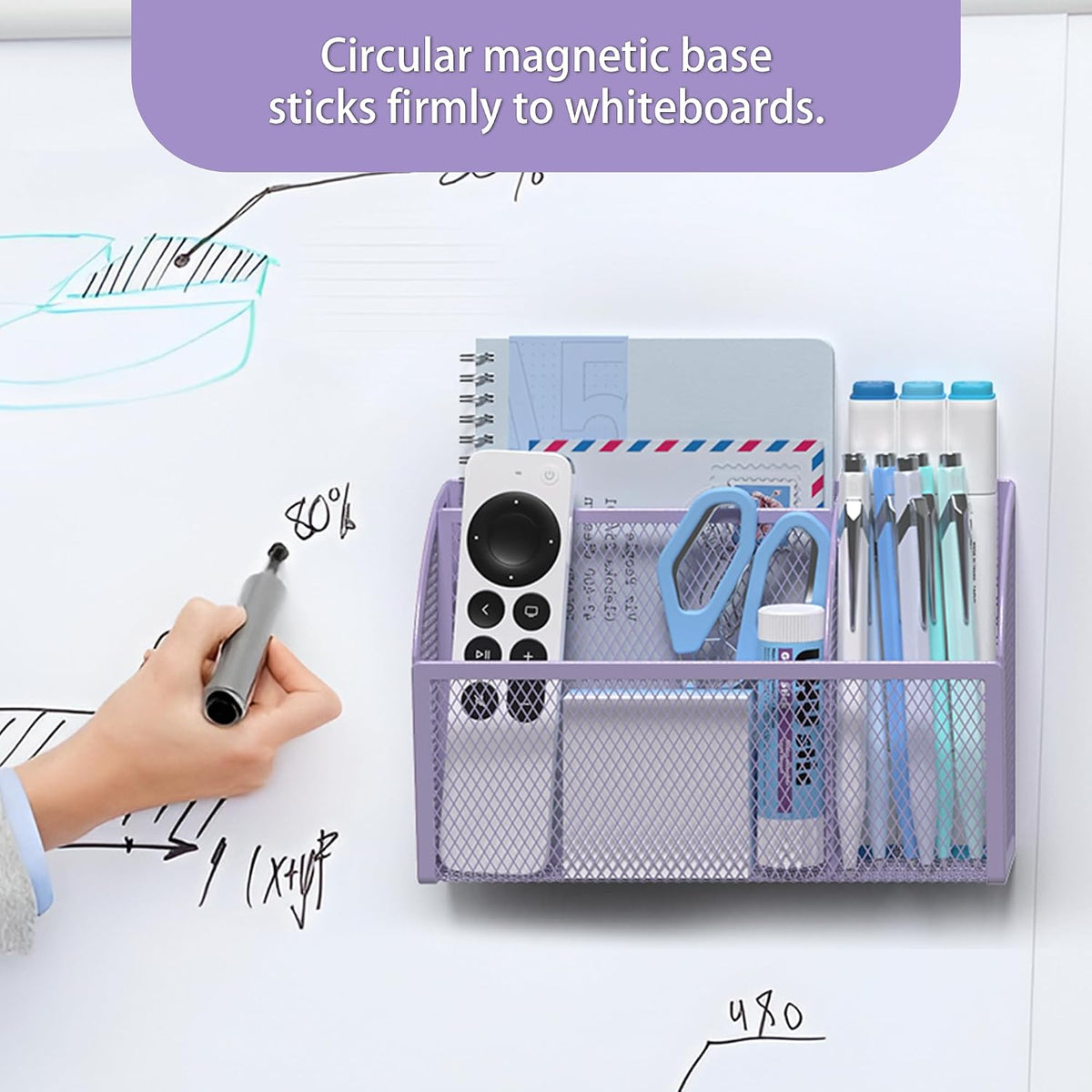 3 Compartment Magnetic Metal Mesh Pen Holder, Black Desk Caddy