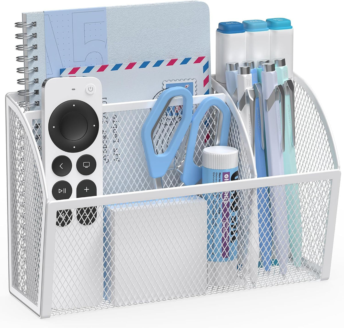 3 Compartment Magnetic Metal Mesh Pen Holder, Black Desk Caddy