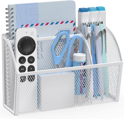 3 Compartment Magnetic Metal Mesh Pen Holder, Black Desk Caddy