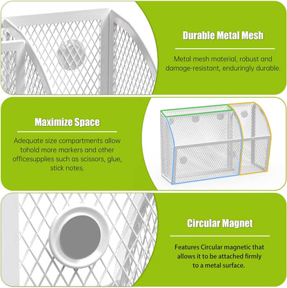 3 Compartment Magnetic Metal Mesh Pen Holder, Black Desk Caddy