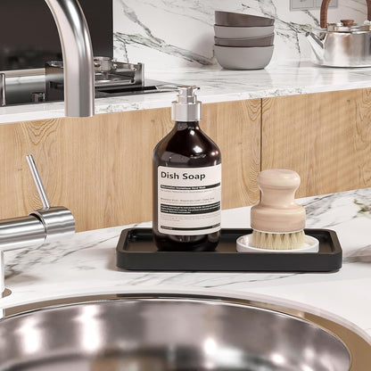 Small Bathroom Vanity Tray for Countertop Makeup Perfume Jewelry Decor Candle Keys, Small Black Kitchen Tray for Soap Dispenser Spice Bamboo Toilet Tray 7.9" L x 4" W x 0.79" H