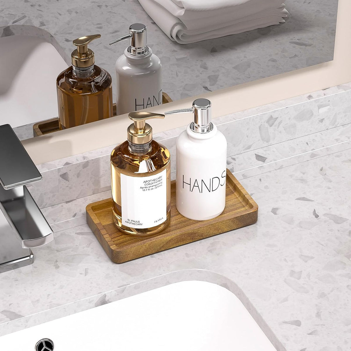 Small Bathroom Vanity Tray for Countertop Makeup Perfume Jewelry Decor Candle Keys, Small Black Kitchen Tray for Soap Dispenser Spice Bamboo Toilet Tray 7.9" L x 4" W x 0.79" H
