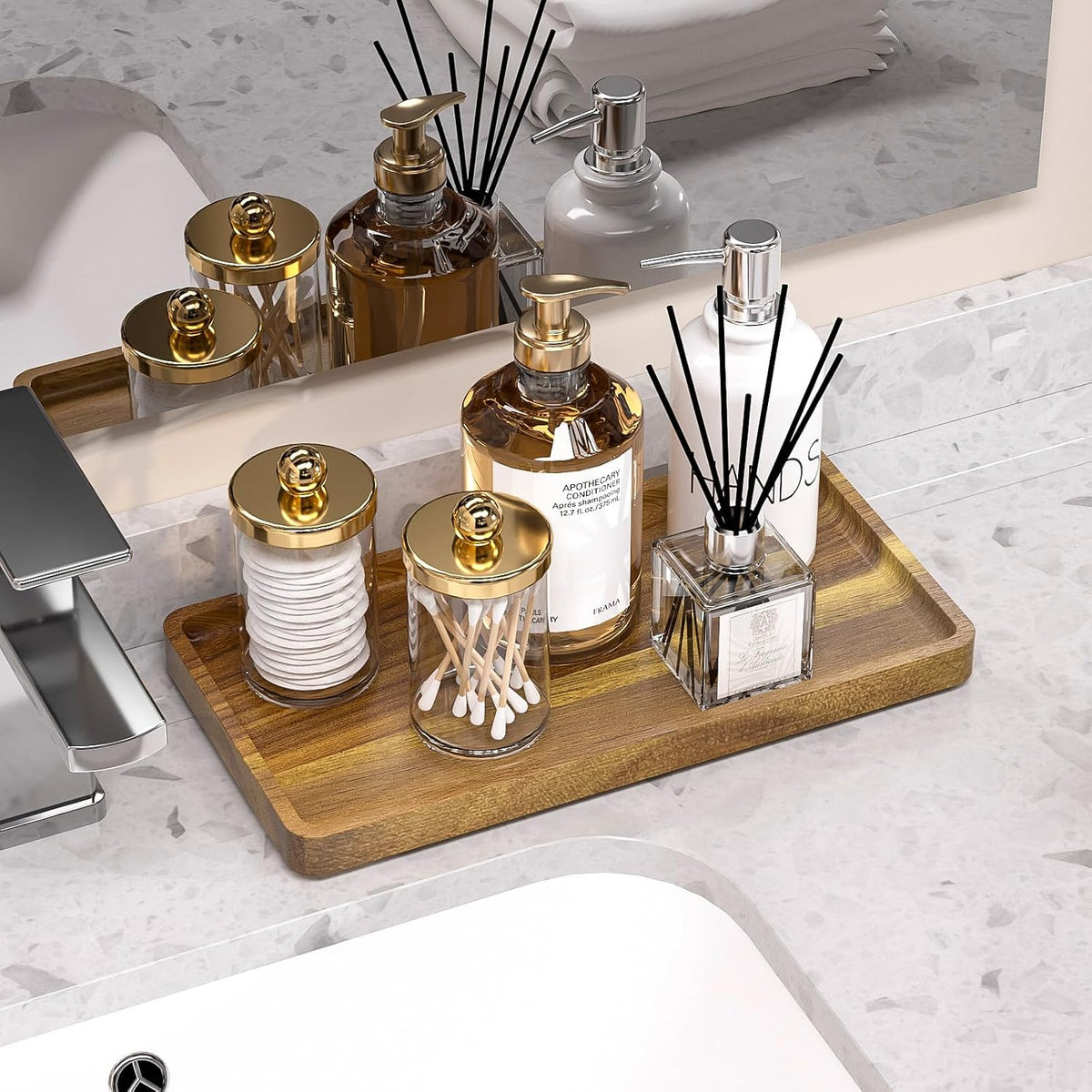 Small Bathroom Vanity Tray for Countertop Makeup Perfume Jewelry Decor Candle Keys, Small Black Kitchen Tray for Soap Dispenser Spice Bamboo Toilet Tray 7.9" L x 4" W x 0.79" H