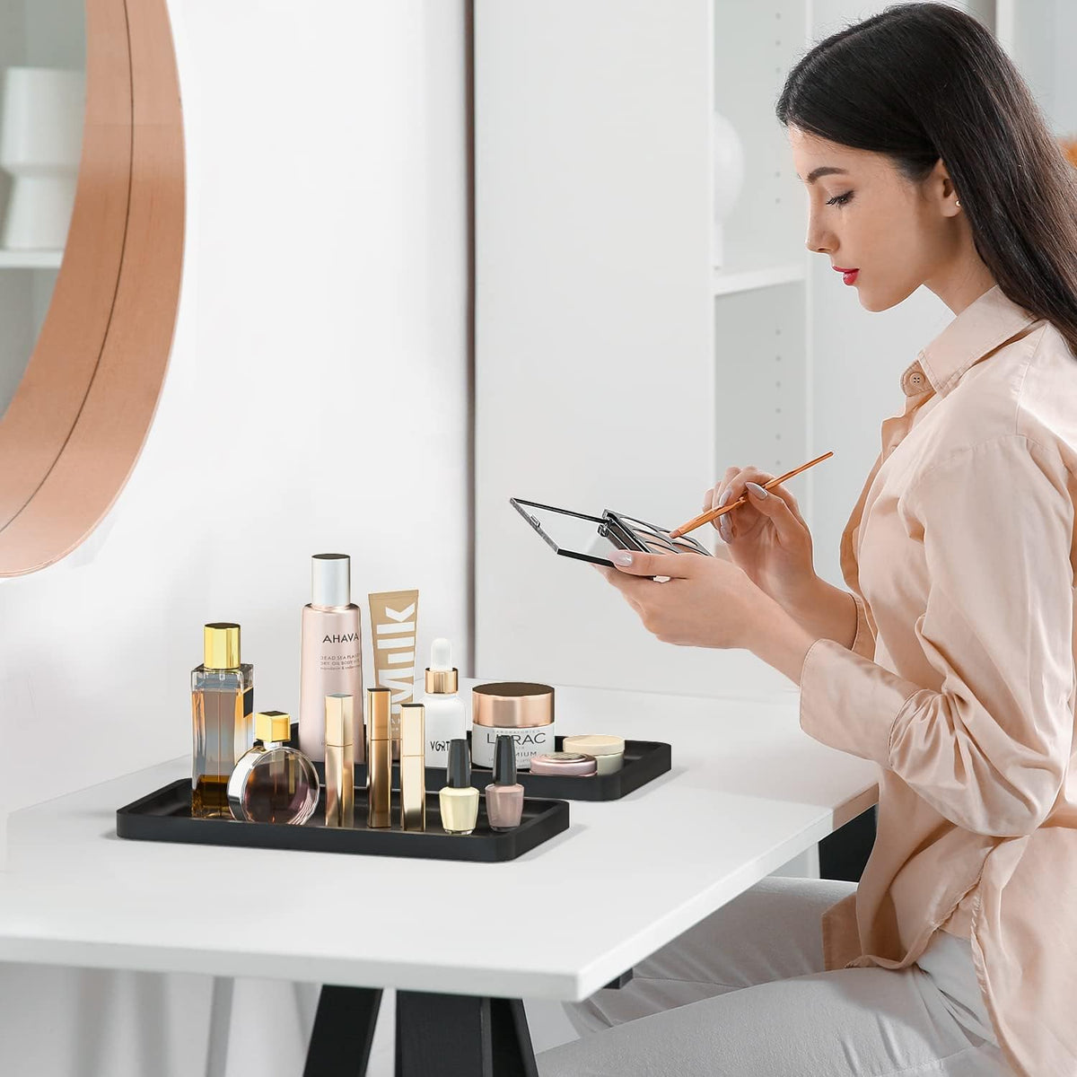 Small Bathroom Vanity Tray for Countertop Makeup Perfume Jewelry Decor Candle Keys, Small Black Kitchen Tray for Soap Dispenser Spice Bamboo Toilet Tray 7.9" L x 4" W x 0.79" H