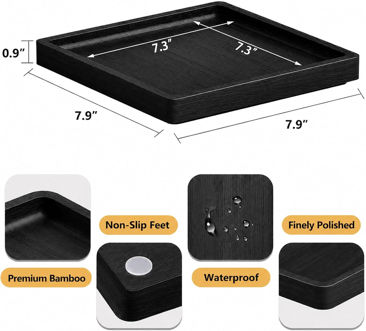 Small Bathroom Vanity Tray for Countertop Makeup Perfume Jewelry Decor Candle Keys, Small Black Kitchen Tray for Soap Dispenser Spice Bamboo Toilet Tray 7.9" L x 4" W x 0.79" H