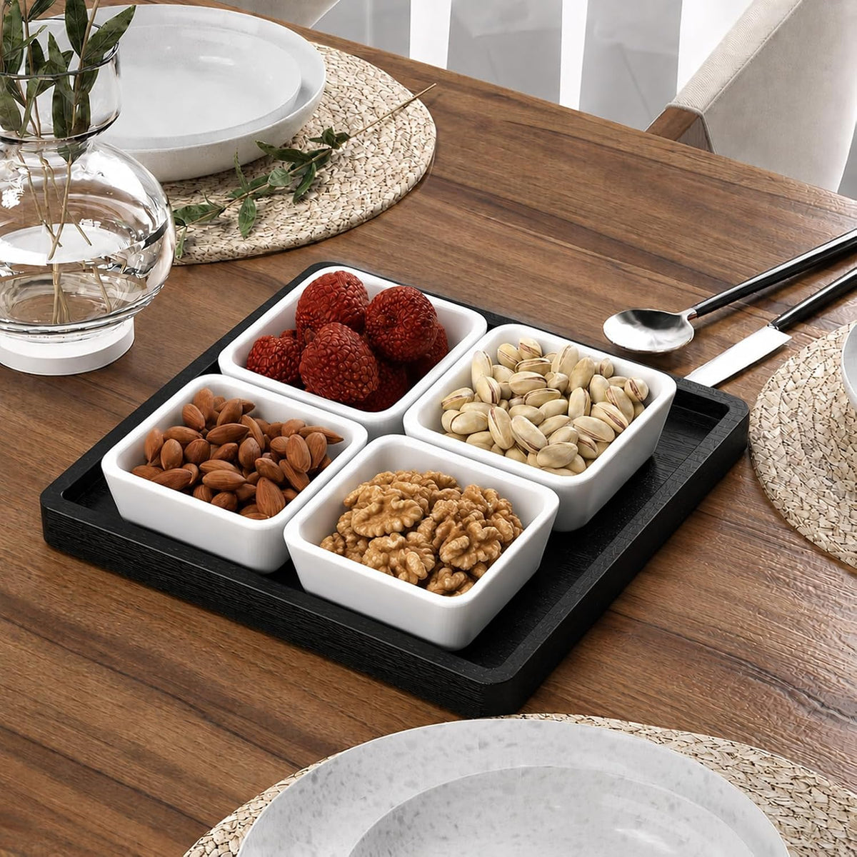 Small Bathroom Vanity Tray for Countertop Makeup Perfume Jewelry Decor Candle Keys, Small Black Kitchen Tray for Soap Dispenser Spice Bamboo Toilet Tray 7.9" L x 4" W x 0.79" H