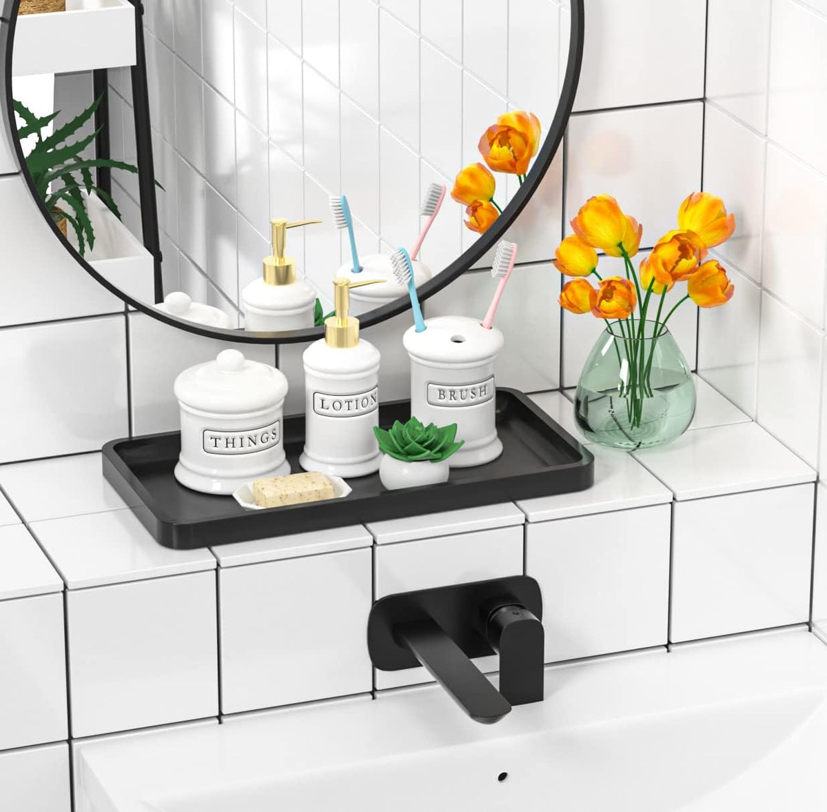 Small Bathroom Vanity Tray for Countertop Makeup Perfume Jewelry Decor Candle Keys, Small Black Kitchen Tray for Soap Dispenser Spice Bamboo Toilet Tray 7.9" L x 4" W x 0.79" H