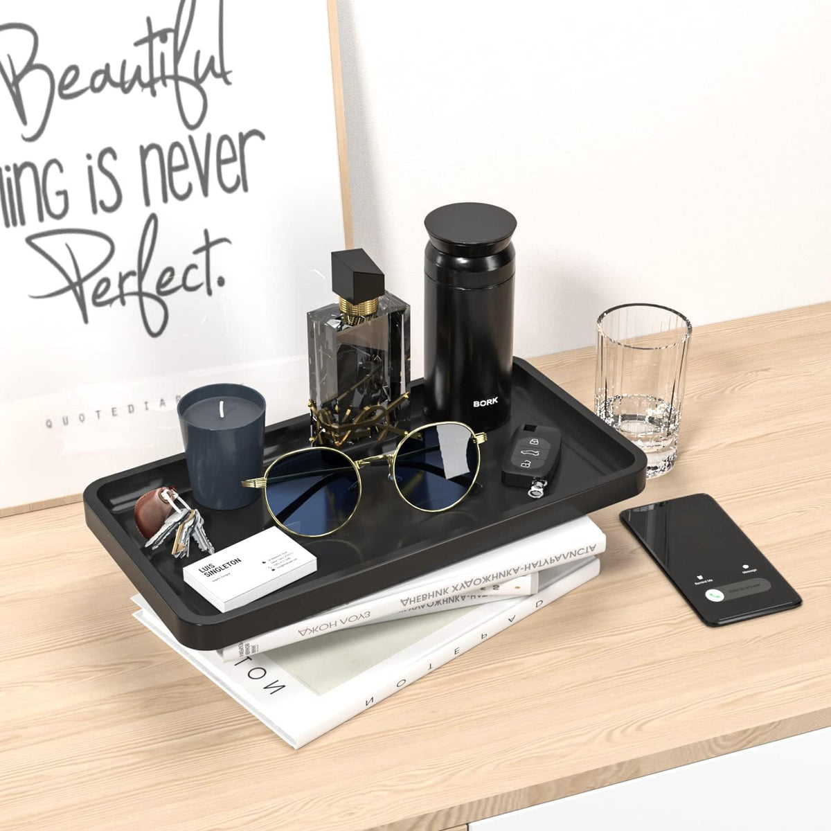 Small Bathroom Vanity Tray for Countertop Makeup Perfume Jewelry Decor Candle Keys, Small Black Kitchen Tray for Soap Dispenser Spice Bamboo Toilet Tray 7.9" L x 4" W x 0.79" H