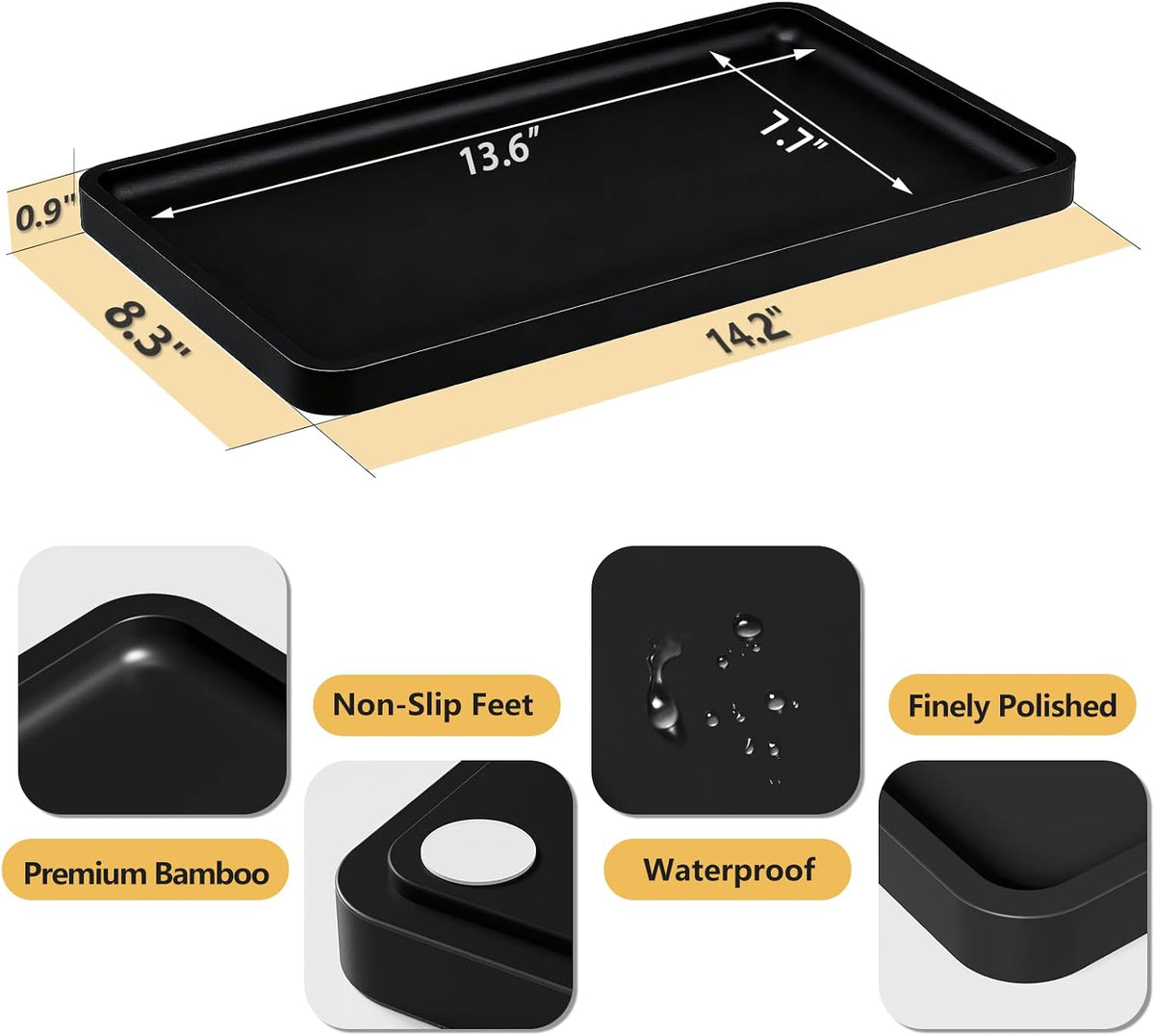 Small Bathroom Vanity Tray for Countertop Makeup Perfume Jewelry Decor Candle Keys, Small Black Kitchen Tray for Soap Dispenser Spice Bamboo Toilet Tray 7.9" L x 4" W x 0.79" H