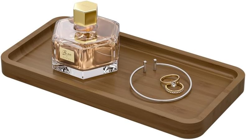 Small Bathroom Vanity Tray for Countertop Makeup Perfume Jewelry Decor Candle Keys, Small Black Kitchen Tray for Soap Dispenser Spice Bamboo Toilet Tray 7.9" L x 4" W x 0.79" H