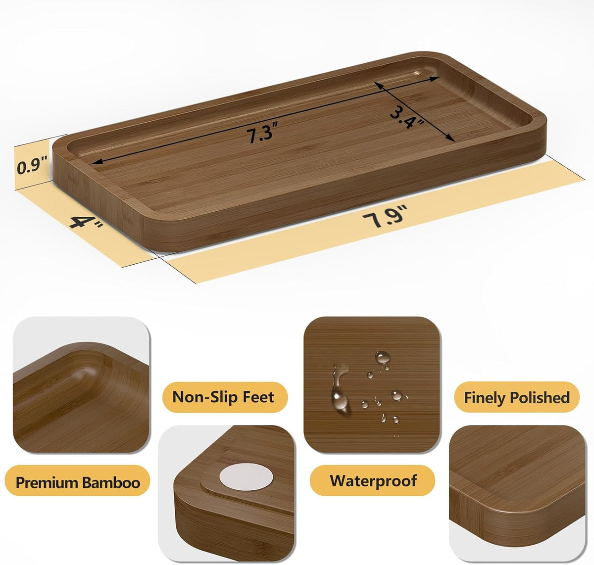 Small Bathroom Vanity Tray for Countertop Makeup Perfume Jewelry Decor Candle Keys, Small Black Kitchen Tray for Soap Dispenser Spice Bamboo Toilet Tray 7.9" L x 4" W x 0.79" H