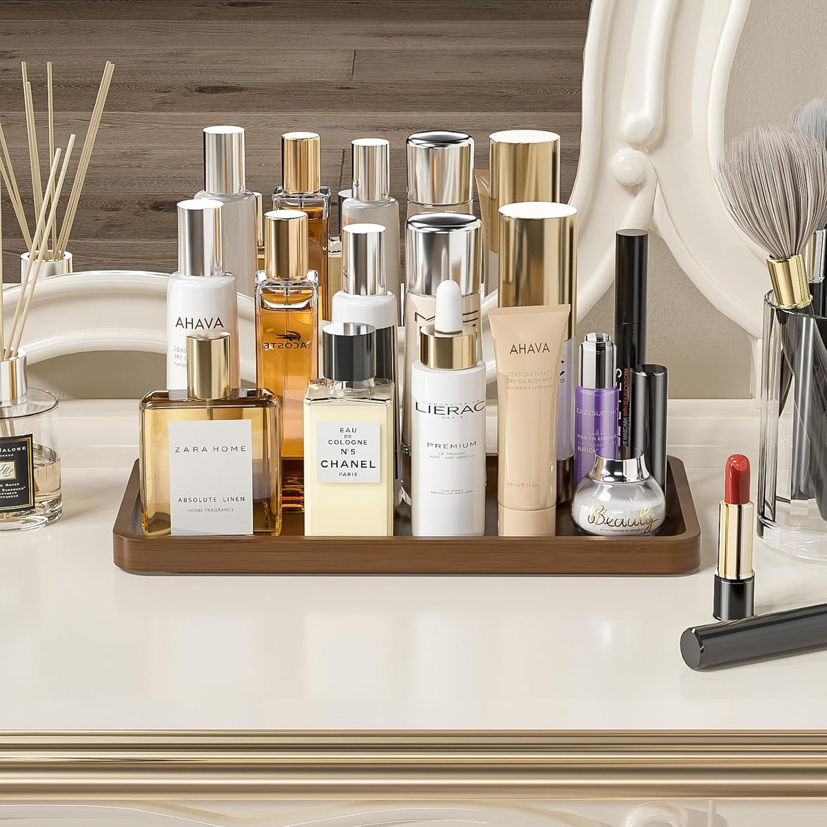 Small Bathroom Vanity Tray for Countertop Makeup Perfume Jewelry Decor Candle Keys, Small Black Kitchen Tray for Soap Dispenser Spice Bamboo Toilet Tray 7.9" L x 4" W x 0.79" H