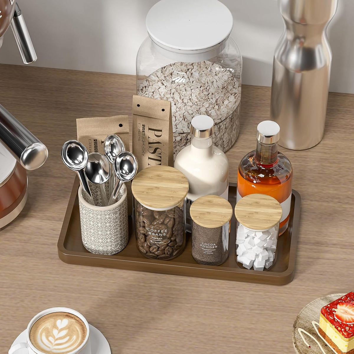 Small Bathroom Vanity Tray for Countertop Makeup Perfume Jewelry Decor Candle Keys, Small Black Kitchen Tray for Soap Dispenser Spice Bamboo Toilet Tray 7.9" L x 4" W x 0.79" H