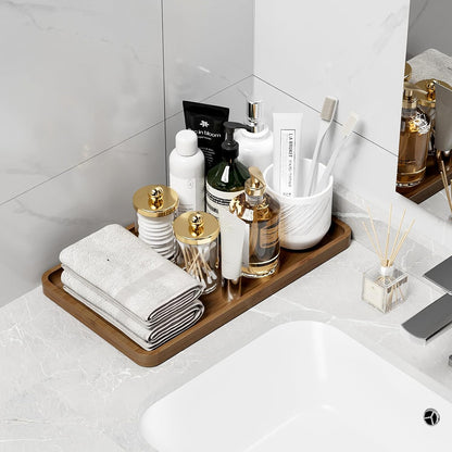 Small Bathroom Vanity Tray for Countertop Makeup Perfume Jewelry Decor Candle Keys, Small Black Kitchen Tray for Soap Dispenser Spice Bamboo Toilet Tray 7.9" L x 4" W x 0.79" H