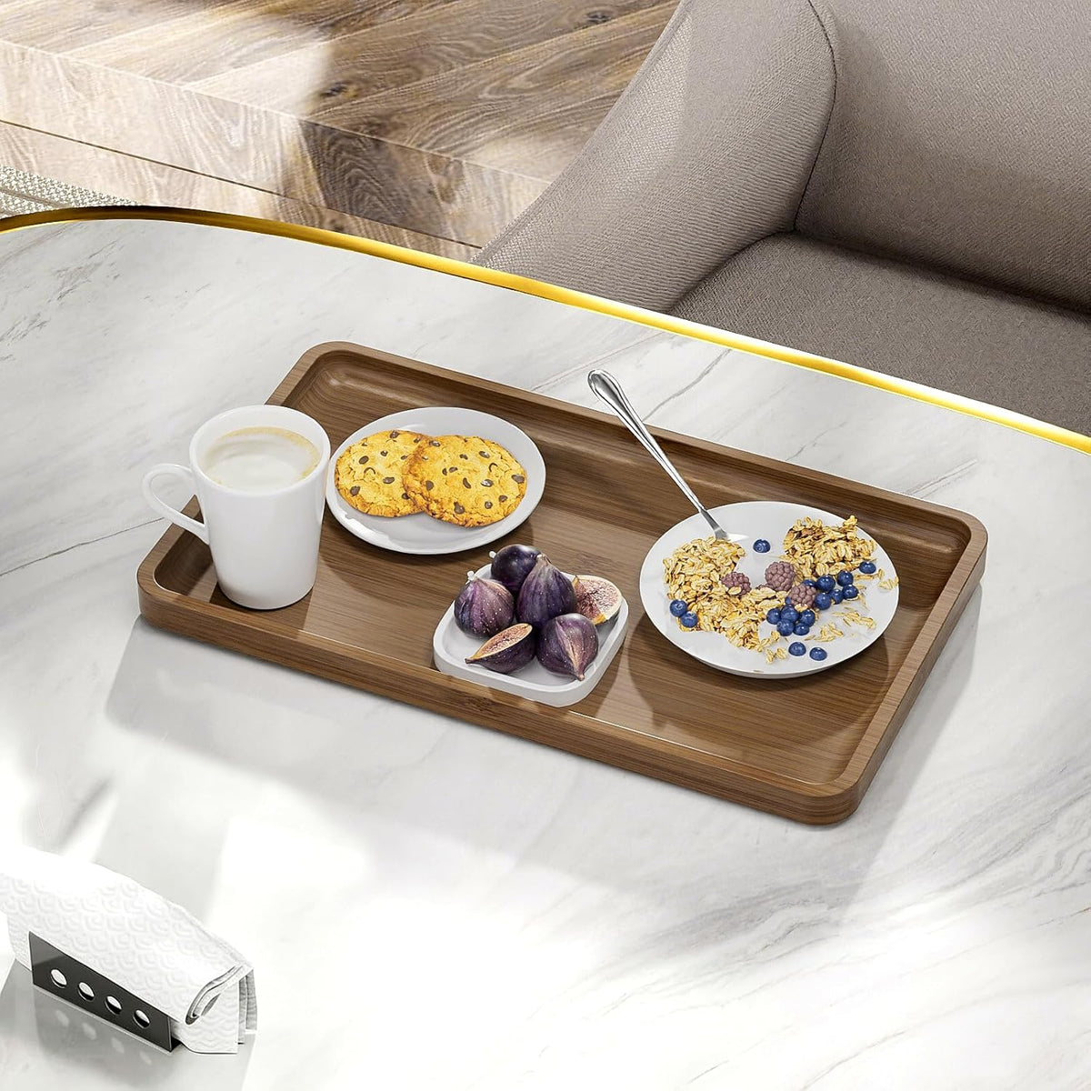 Small Bathroom Vanity Tray for Countertop Makeup Perfume Jewelry Decor Candle Keys, Small Black Kitchen Tray for Soap Dispenser Spice Bamboo Toilet Tray 7.9" L x 4" W x 0.79" H